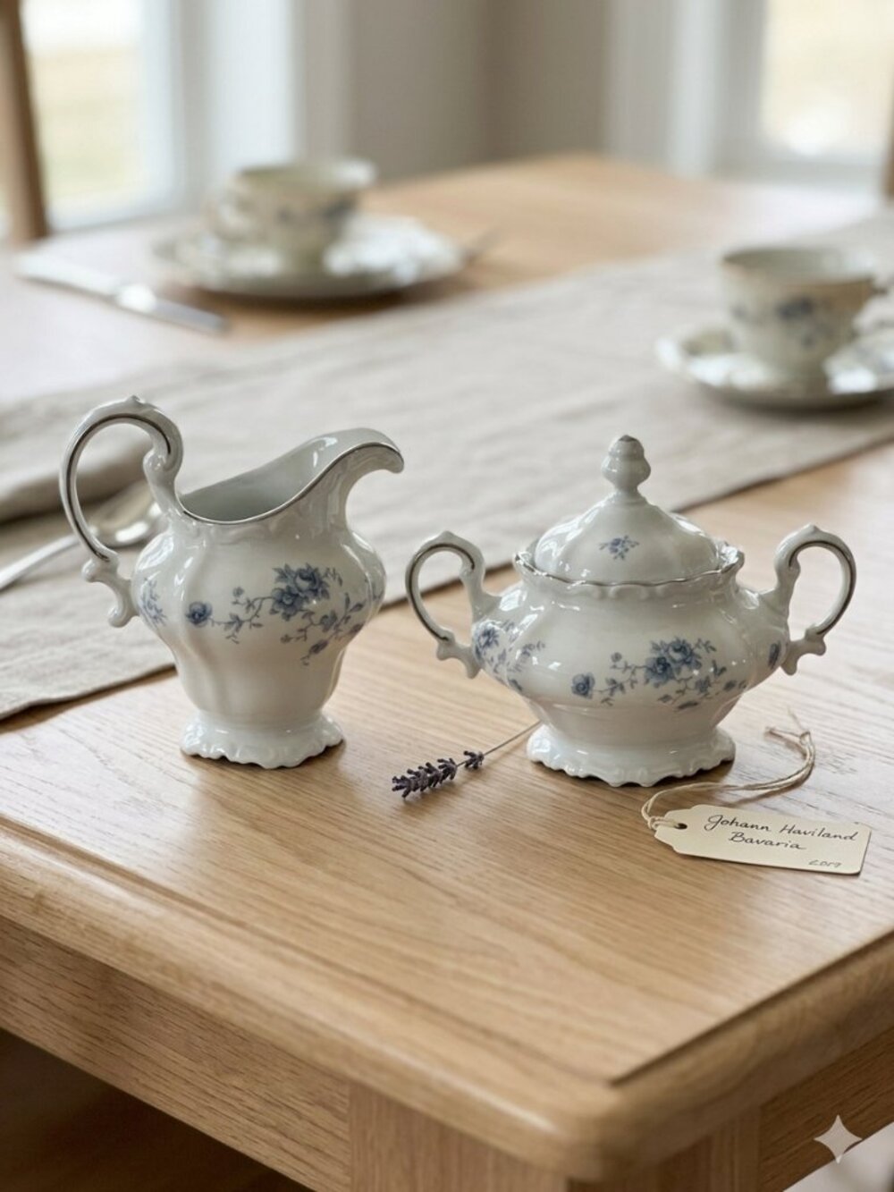 Vintage Johann Haviland Blue‎ Garland Creamer & Sugar Bowl Set Bavaria Germany